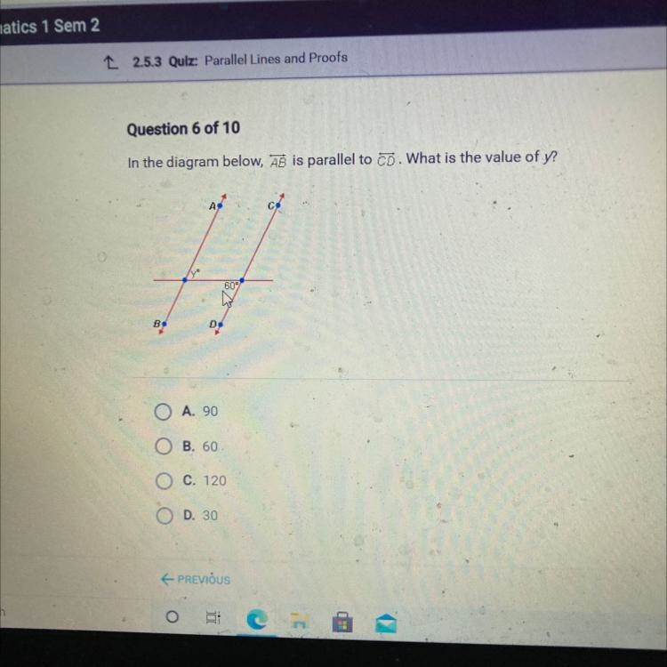 In the diagram below, 'AB is parallel to cd. What is the value of y?-example-1