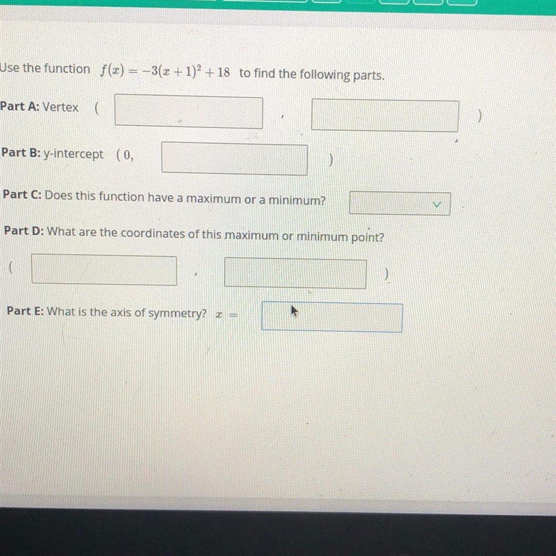 HELP PLEASE ! Use the function f(x)=-3(x+1)^2+18-example-1