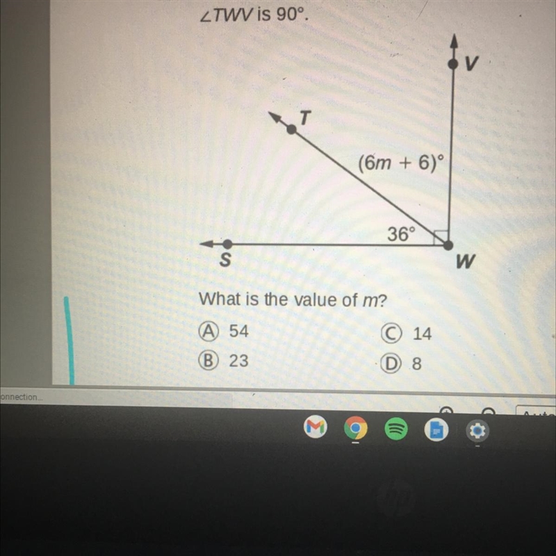 The sum of the measures of SWT and TWV is 90° T (6m + 6) 36 S w What is the value-example-1