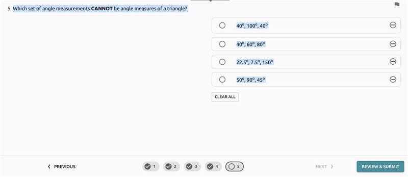 Which set of angle measurements CANNOT be angle measures of a triangle?-example-1