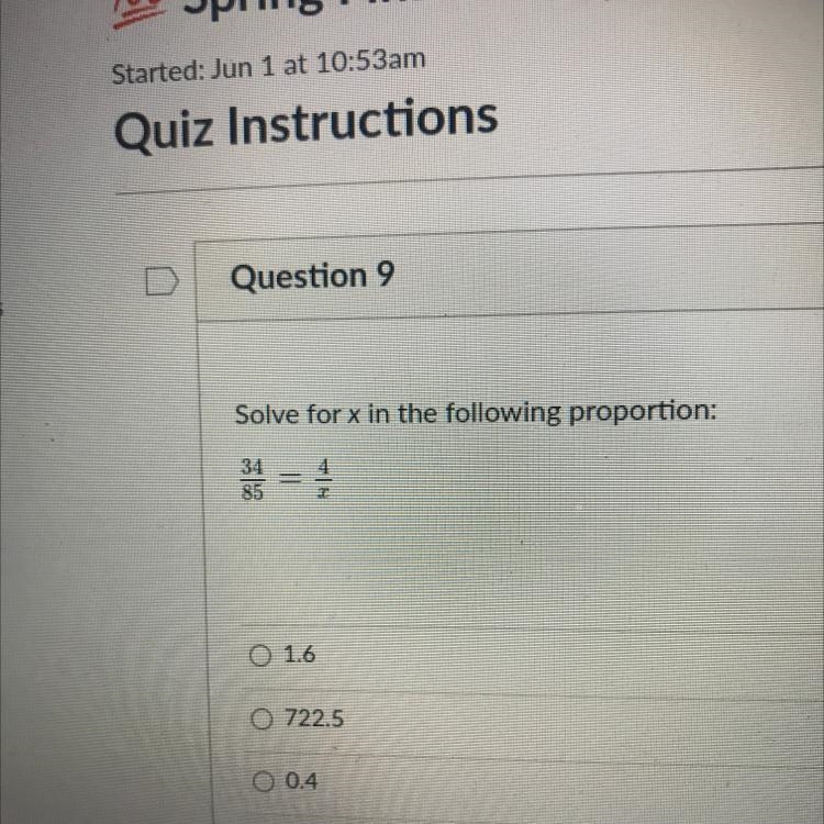 Solve for x in the following proportion? 1.6 722.5 0.4 10-example-1