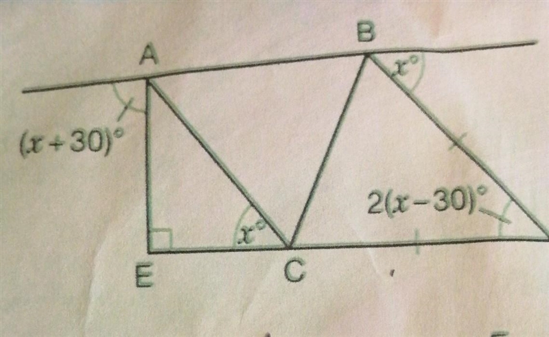 Triangle BDC is an isosceles triangle. Triangle ACE is a right-angled triangle. Show-example-1