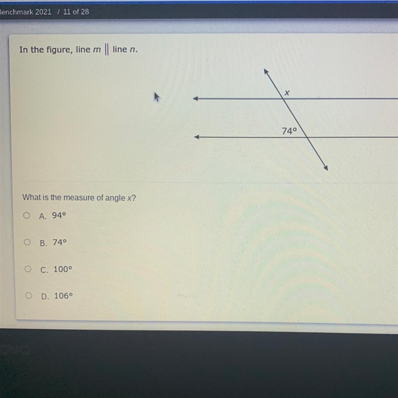 In the figure, line m || line n. х m 740 What is the measure of angle x? O A. 940 O-example-1