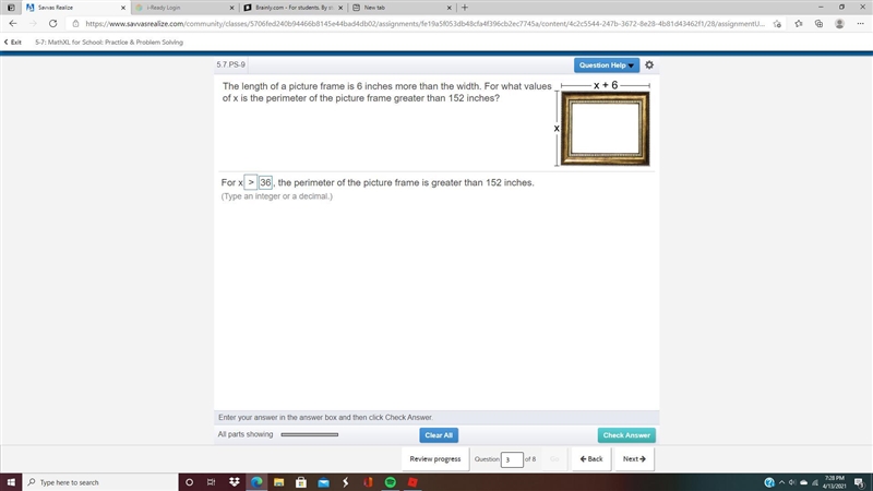 The length of a picture frame is 6 inches more than the width. For what values of-example-1