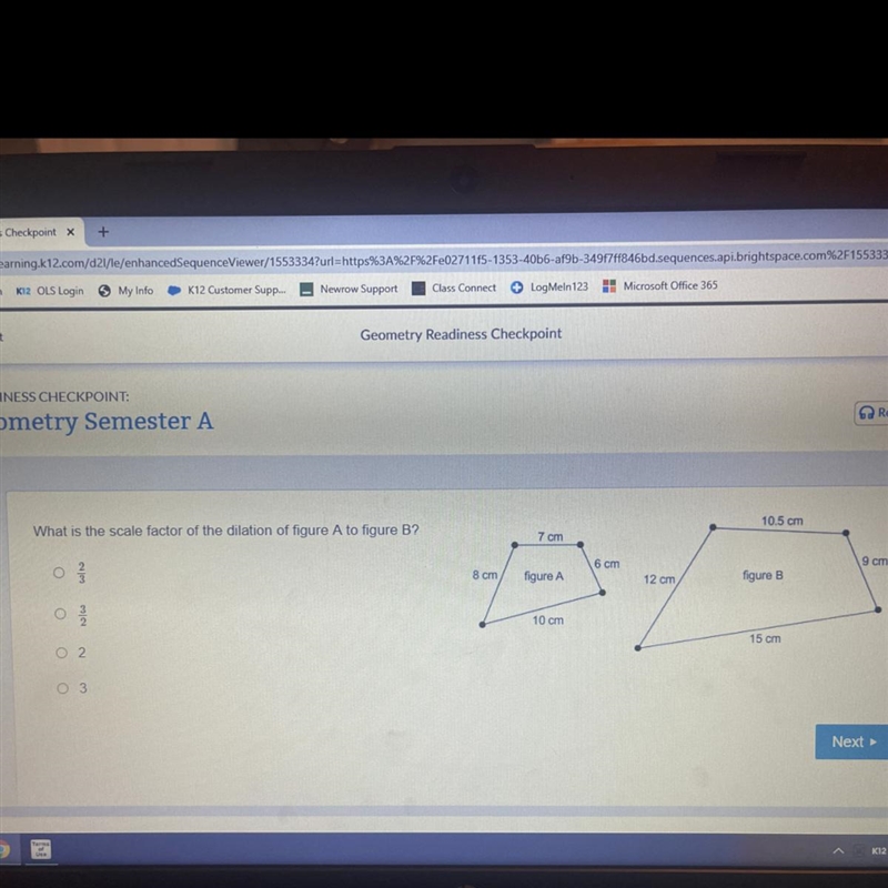 What is the scale factor of the dilation of figure A to figure B? 10.5 cm 7 cm O 6 cm-example-1