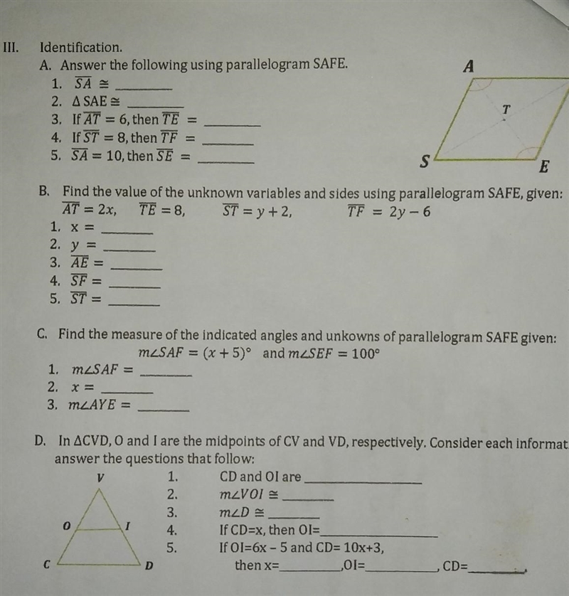 B. find the value of the unknown variables and sides using parallelogram SAFE,given-example-1