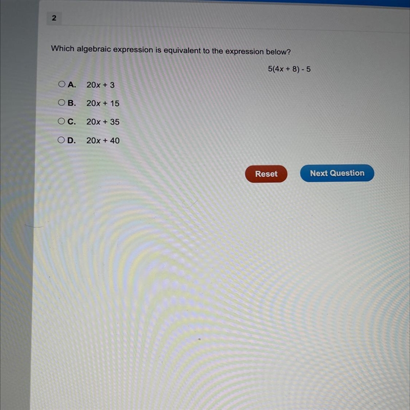 Which algebraic expression is equivalent to the expression below 5(4x+8)-5-example-1