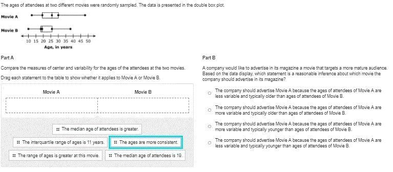 The ages of attendees at two different movies were randomly sampled. The data is presented-example-1