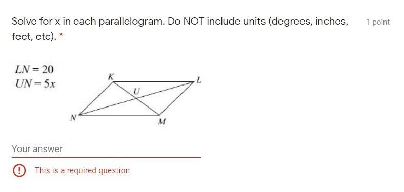 Solve for x in each parallelogram. Do NOT include units (degrees, inches, feet, etc-example-1