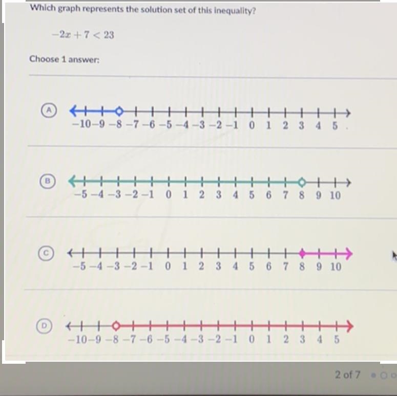 Which graph represents the solution set of this inequality? - 2x + 7 < 23 Please-example-1