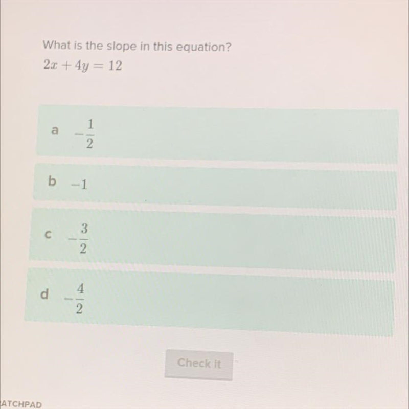 What is the slope in this equation? 2x + 4y = 12-example-1