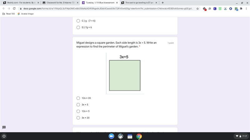 Miguel designs a square garden. Each side length is 3x + 5. Write an expression to-example-1