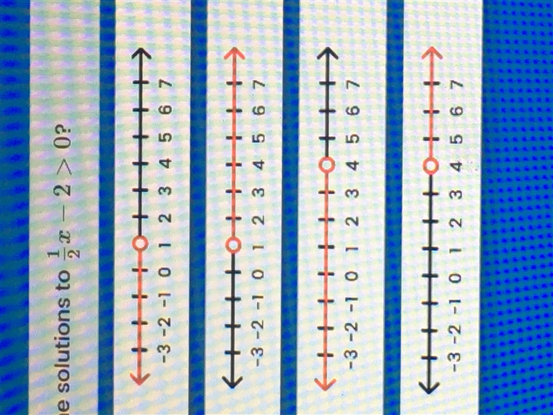 Which number line shows the solutions to 1/2x – 2 > 0? Iready-example-1