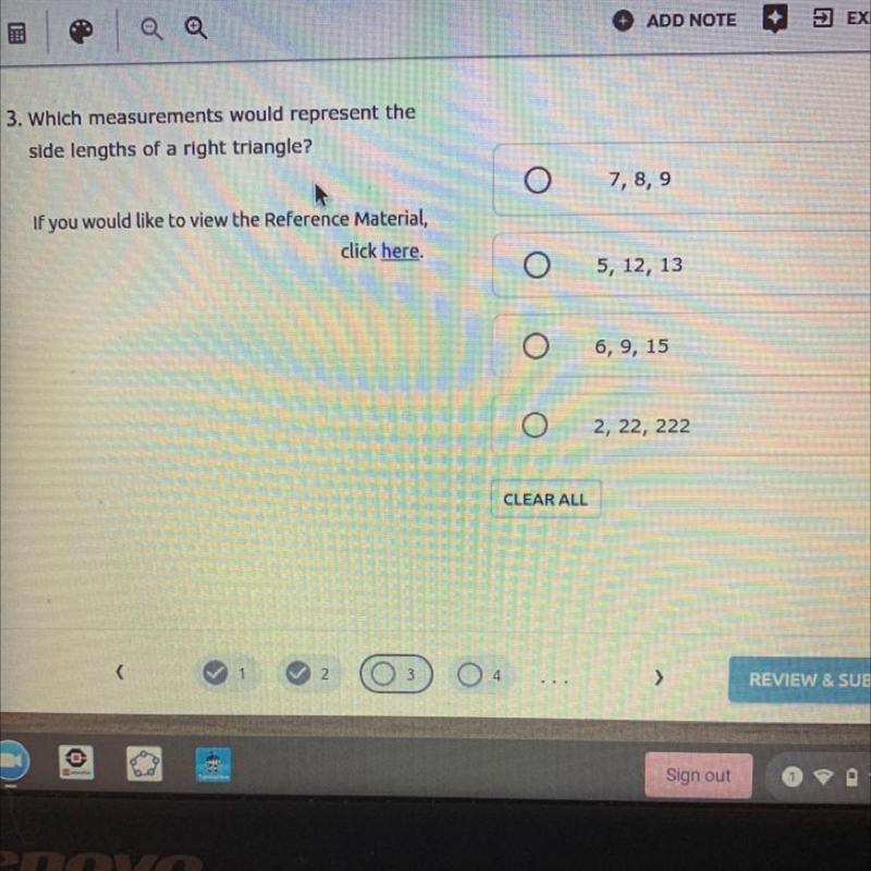 3. Which measurements would represent the side lengths of a right triangle? 0 7, 8, 9 If-example-1