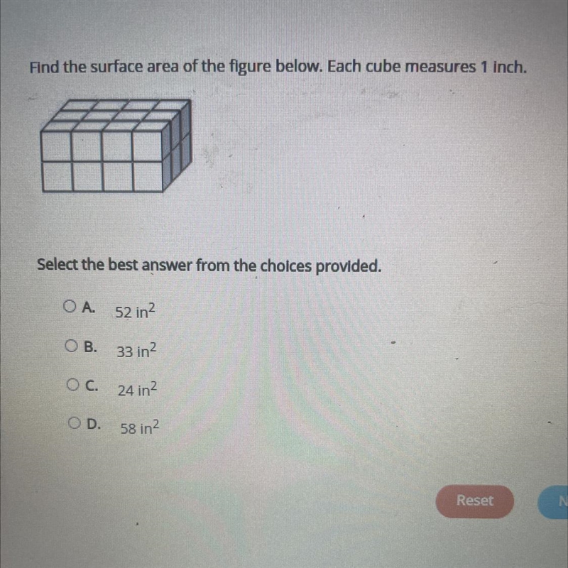 Find the surface area of the figure below. Each cube measures 1 inch. Select the best-example-1