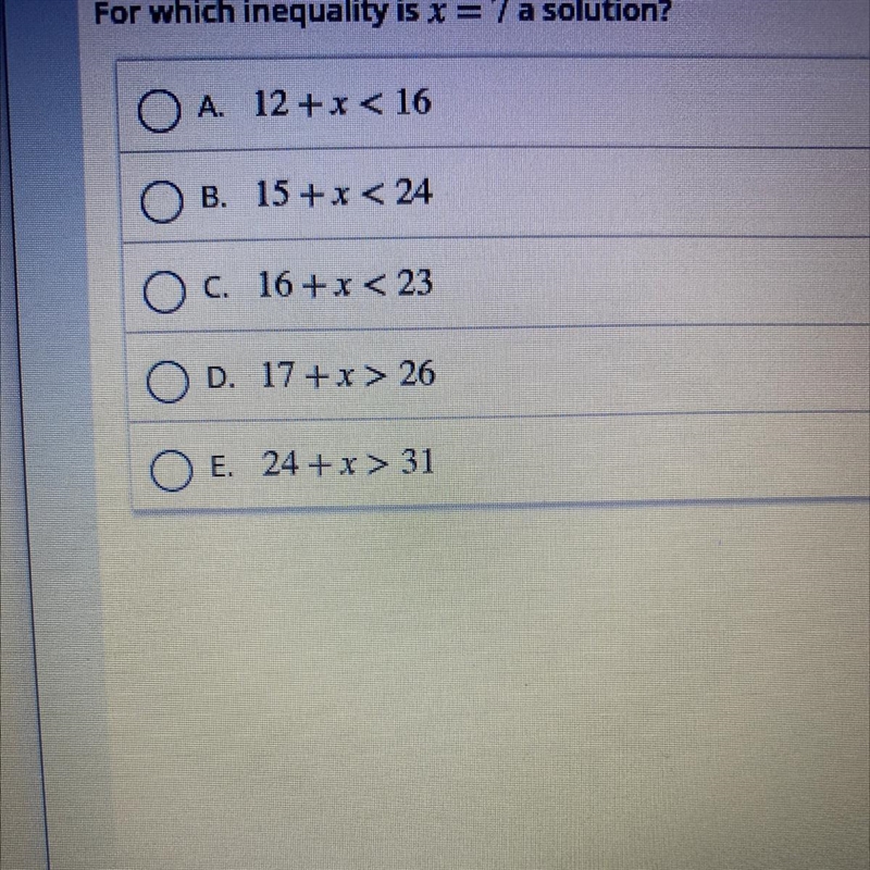 For which inequality is x = 7 a solution?-example-1