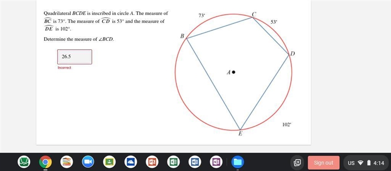 Quadrilateral BCDE is inscribed in circle A. The measure of ⏜ is 73°. The measure-example-1