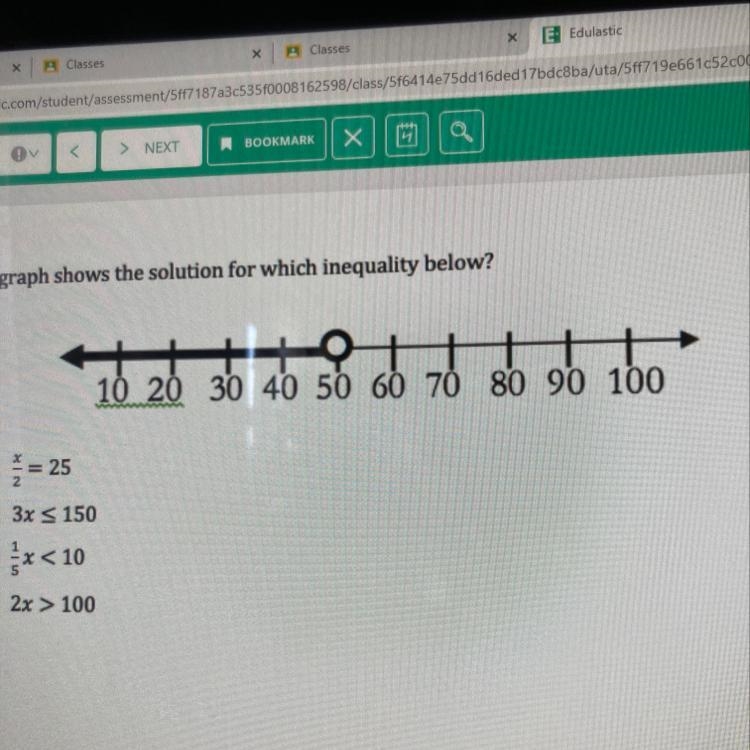 2. This graph shows the solution for which inequality below? 10 20 30 40 50 60 70 80 90 100 A-example-1