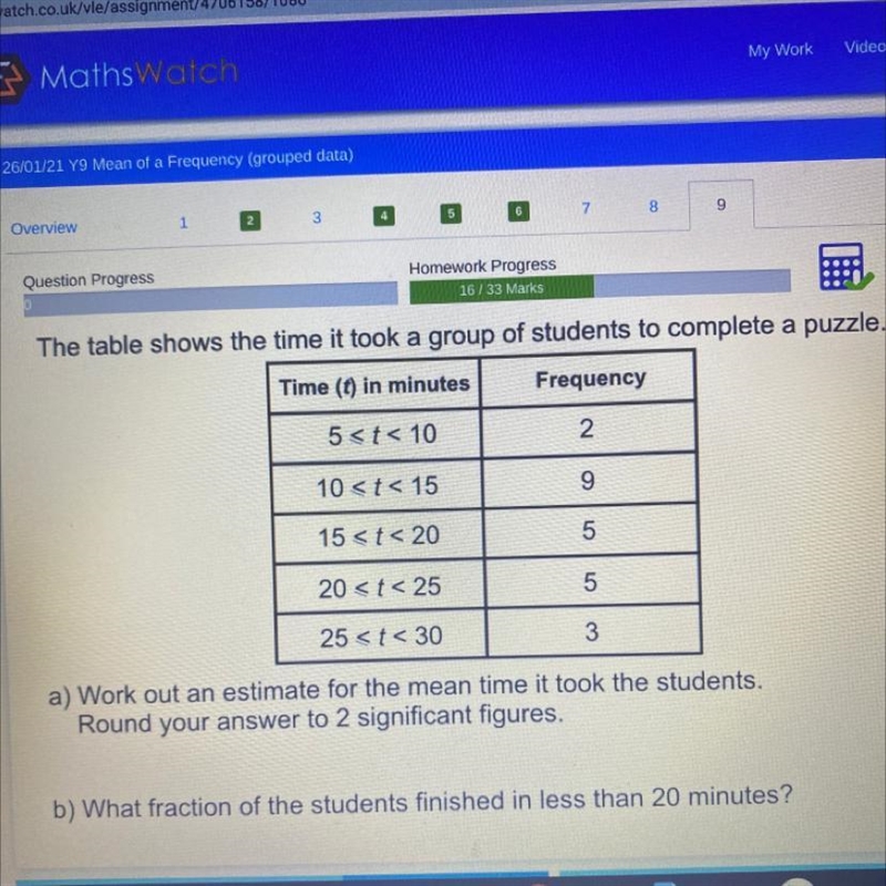 The table shows the time it took a group of students to complete a puzzle. Time (t-example-1