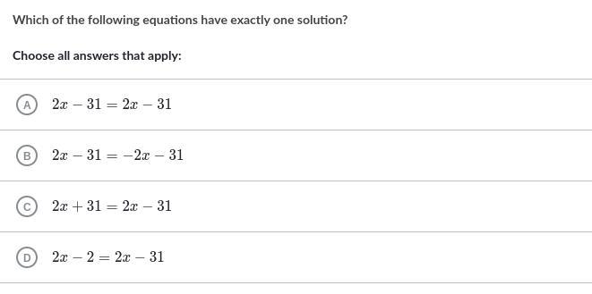 Which of the following equations have exactly one solution?-example-1