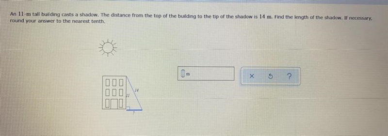 An 11-m tall building casts a shadow. The distance from the top of the building to-example-1