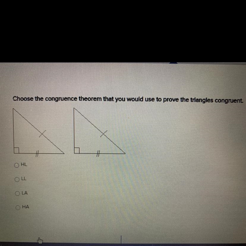 Choose the congruence theorem that you would use to prove the triangles congruent-example-1