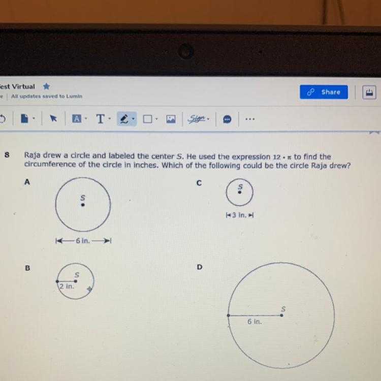 Raja drew a circle and labeled the center S. He used the expression 12. to find the-example-1