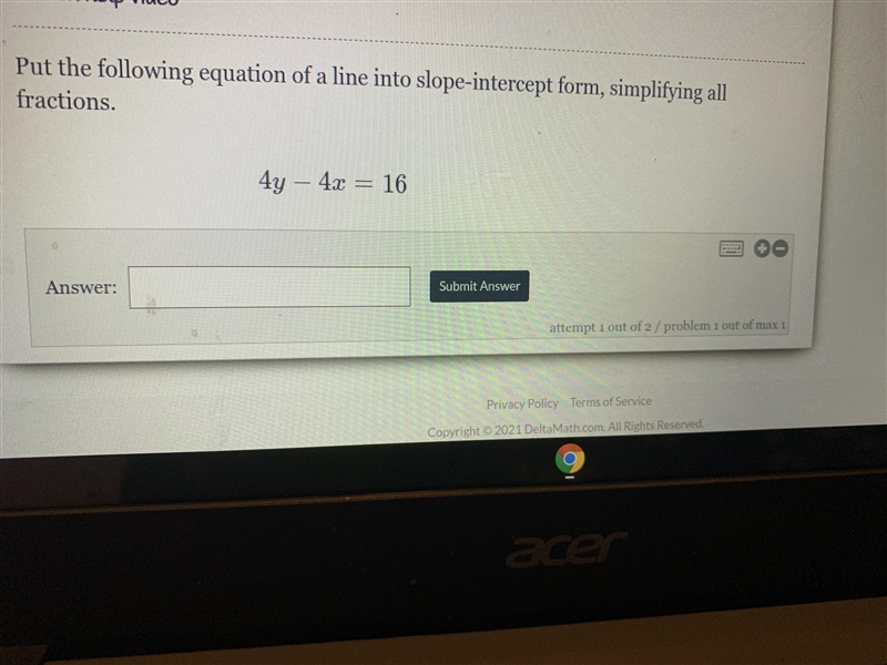 Put the following equation of a line into slope intercept form, simplifying all fractions-example-1