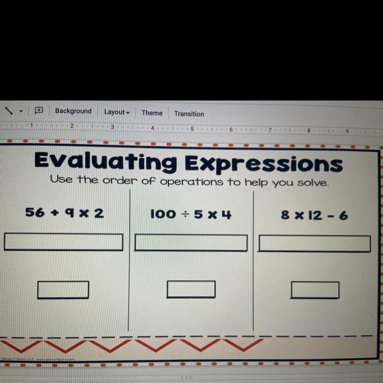 Evaluating Expressions Use the order of operations to help you solve, 56 + 9x2 100 + 5 X-example-1