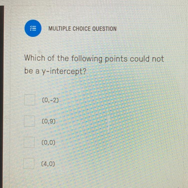 Which of the following points could not be a y-intercept? (0-2) (0,9) (0,0) (4,0)-example-1