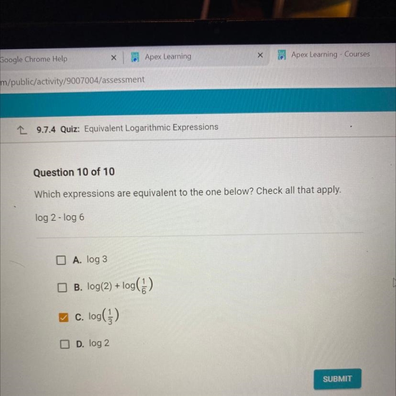 Which expressions are equivalent to the one below? Check all that apply. log 2 - log-example-1