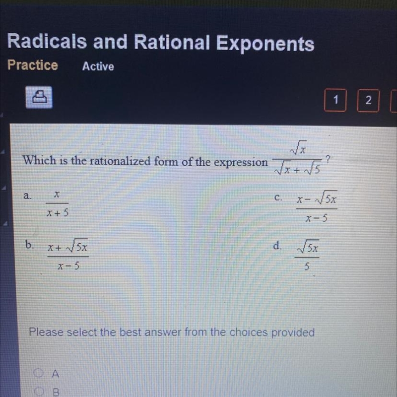 Which is the rationalized form of the expression. A, B , C, or D?-example-1