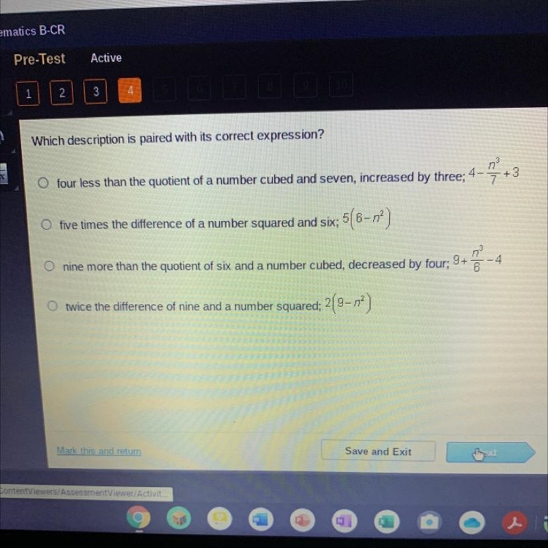 UHHH HELP ME !! ** Which description is paired with its correct expression? 5 VX 4- P-example-1