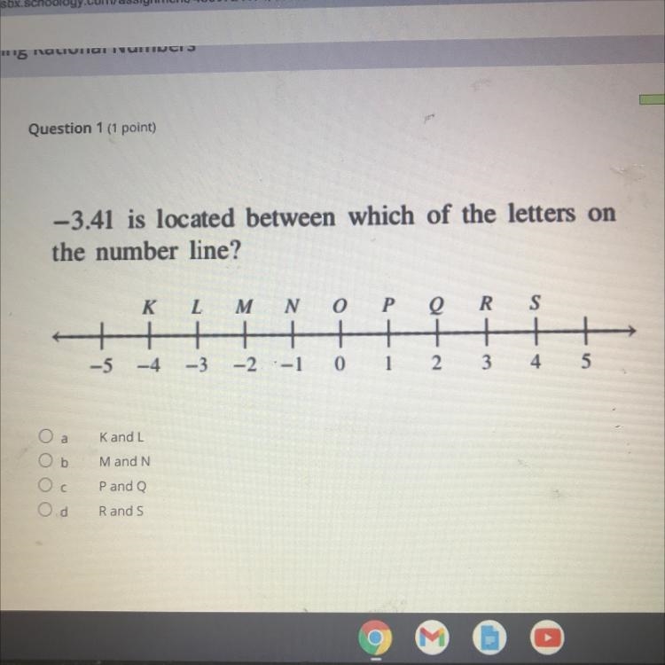 -3.41 is located between which of the letters on the number line? K L M N e R S + 0 P-example-1