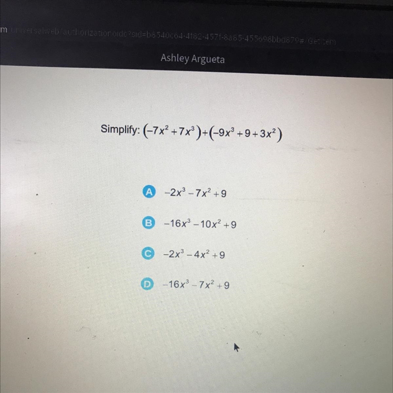 Simplify: (-7x° +7x°)+(-9x° +9+3x)-example-1