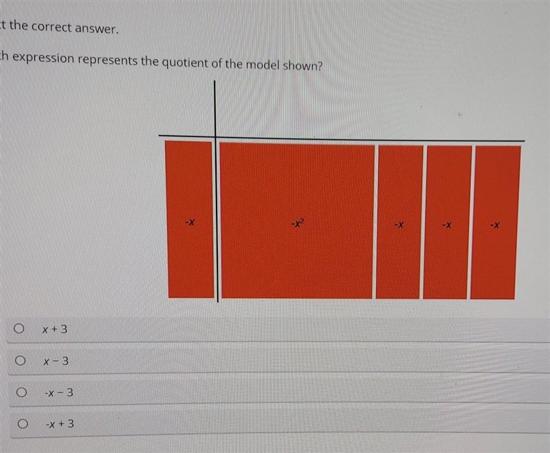 Which expression represents the quotient of the model shown? -x2 O x + 3 x - 3 lolo-example-1