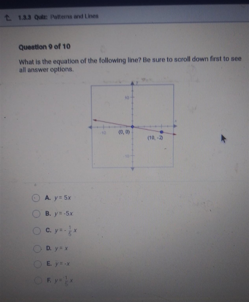 Question 9 of 10 What is the equation of the following line? Be sure to scroll down-example-1