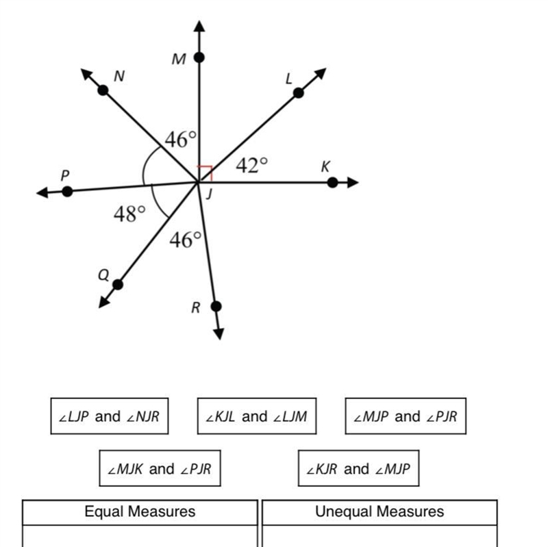 Determine whether each of the following pairs of angles have equal measures. Drag-example-1