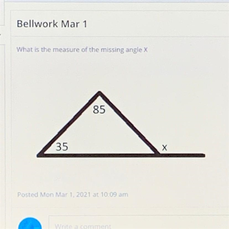 What is the measure of the missing angle X??????-example-1