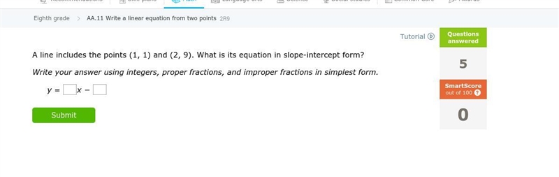 A line includes the points (1, 1) and (2, 9). What is its equation in slope-intercept-example-1