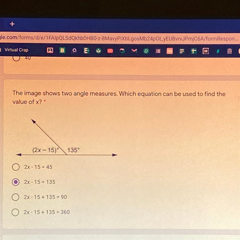 The image shows two angle measures. Which equation can be used to find the value of-example-1