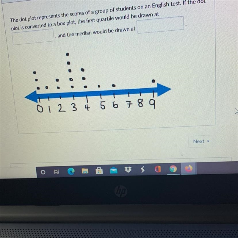 The dot plot represents the scores of a group of students on an English test. If the-example-1