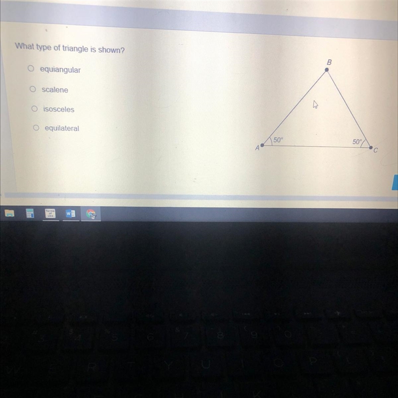 What type of triangle is shown? A.)equiangular B.)scalene C.)isosceles D.)equilateral-example-1