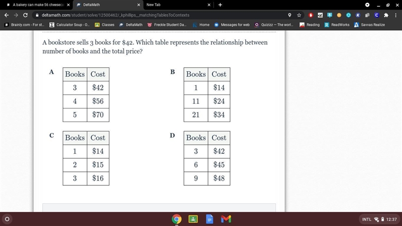 A bookstore sells 3 books for $42. Which table represents the relationship between-example-1