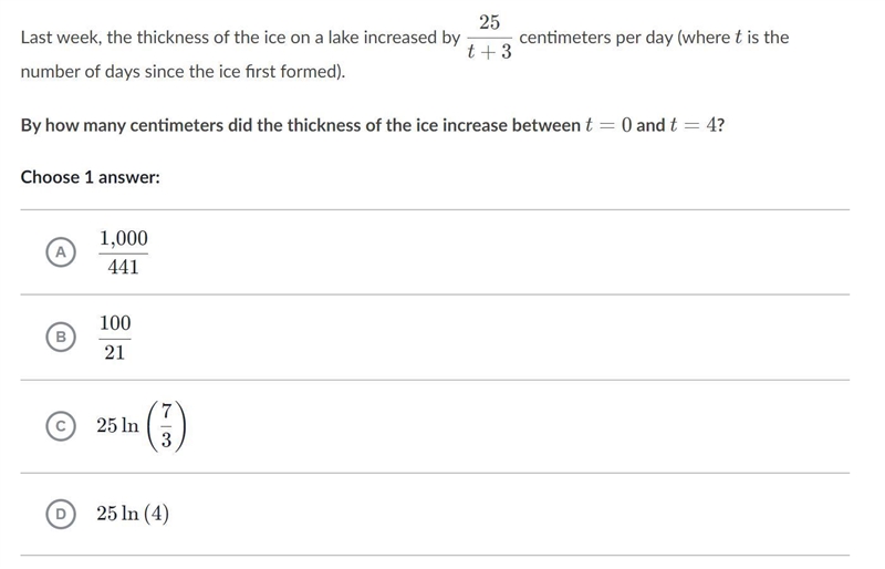 Last week, the thickness of the ice on a lake increased by (25)/(t+3) centimeters-example-1