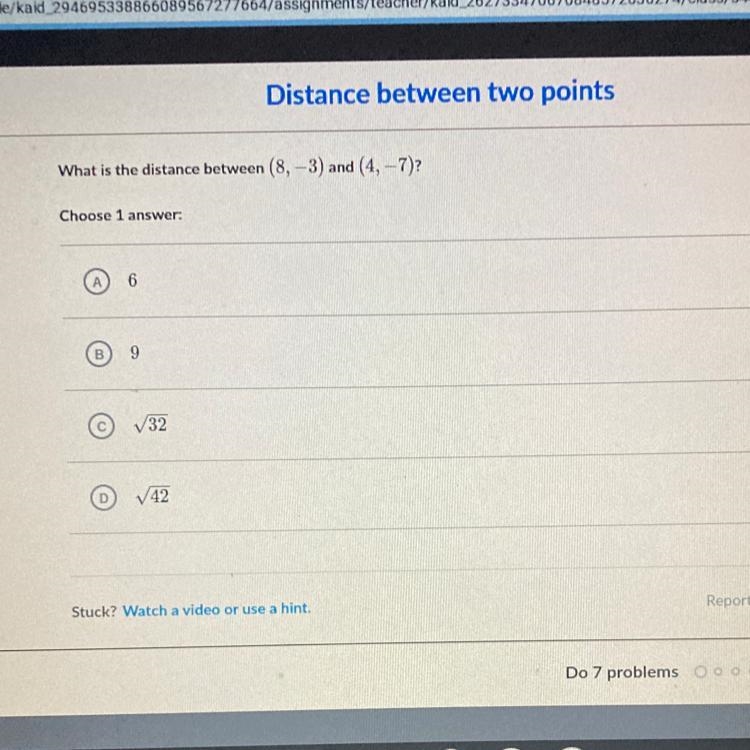 What is the distance between (8, -3) and (4, -7)? Choose 1 answer-example-1