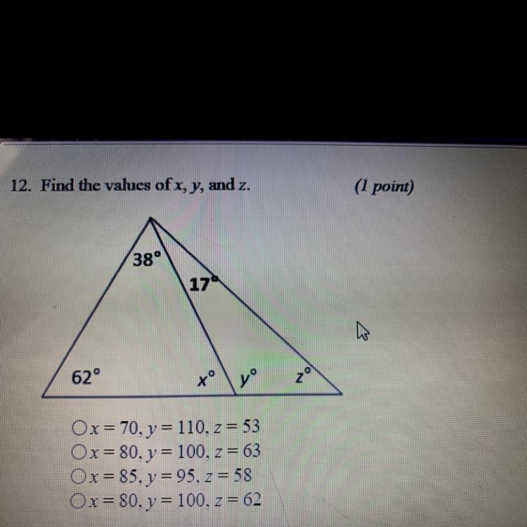 12. Find the values of x, y, and z. (1 point)-example-1