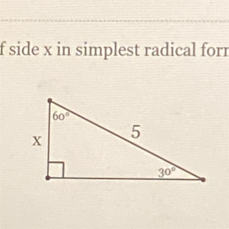 Find the length of side x simplest radical form with a rational denominator-example-1