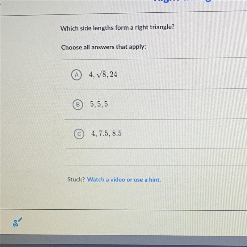 ASAP! Which side lengths form a right triangle? Choose all answers that apply:-example-1