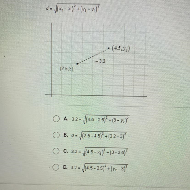 For the diagram below, which equation is the correct use of the distance formula?-example-1